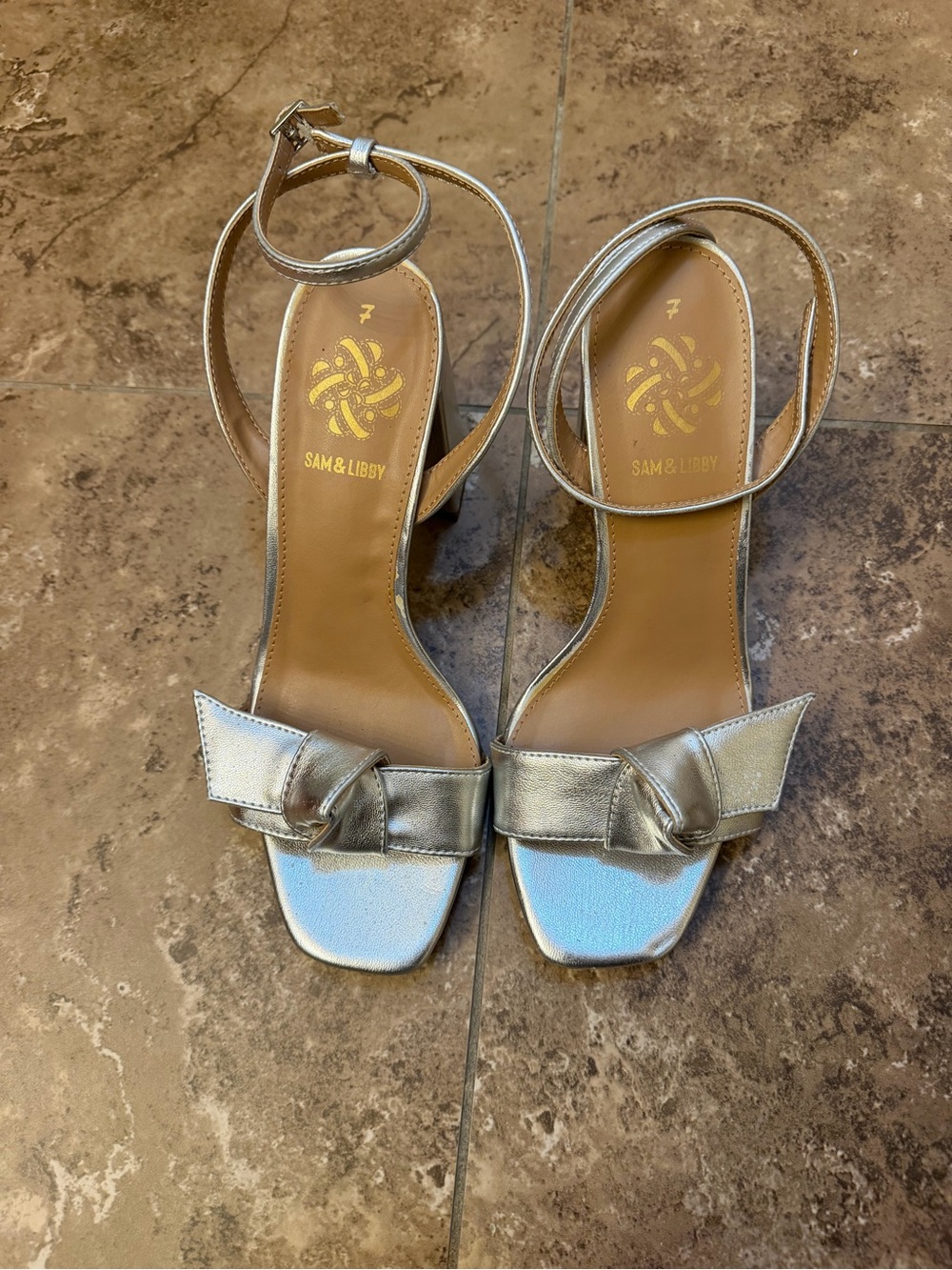 Sam & Libby Jordan Metallic Silver Knot Ankle-Strap Block Heels